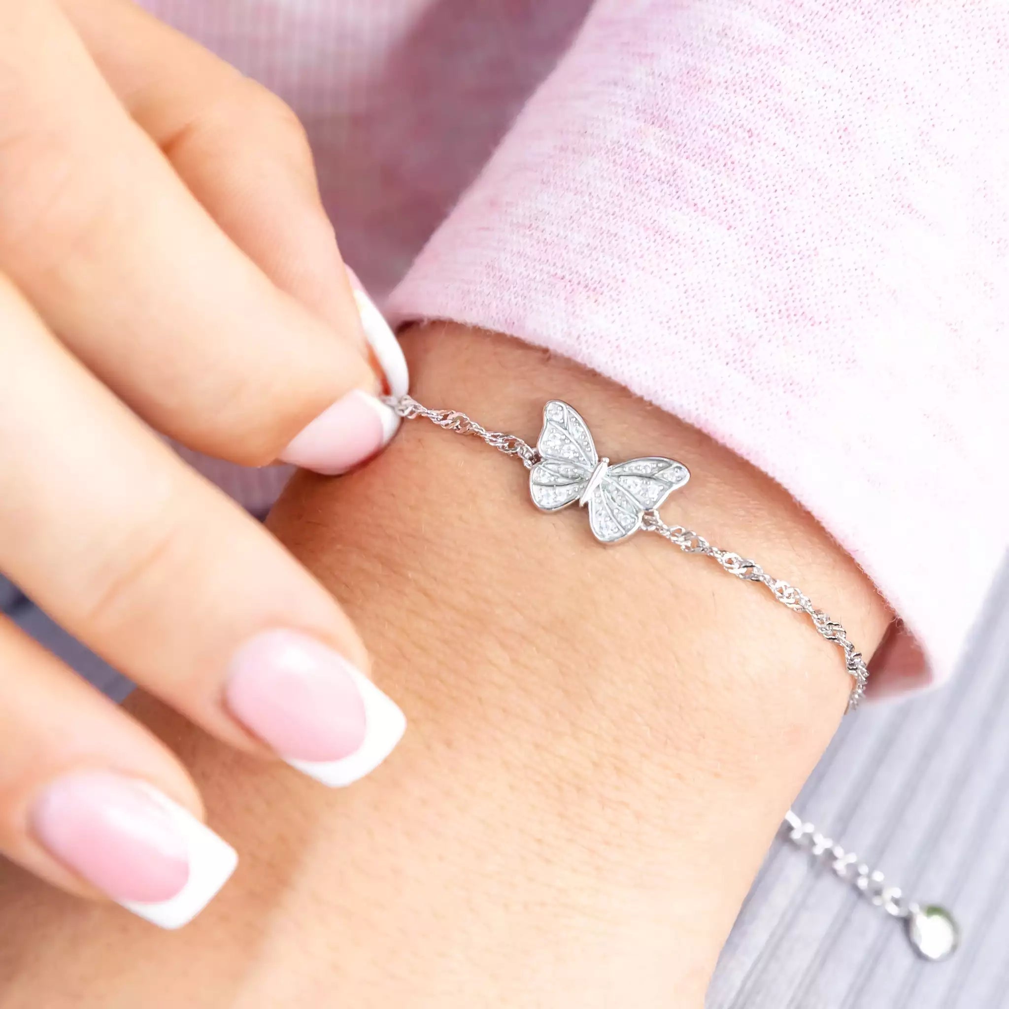 Sterling Silver Butterfly Bracelet with crystal pavé detail - sustainable luxury jewellery symbolising growth transformation and hope - by Treatfully