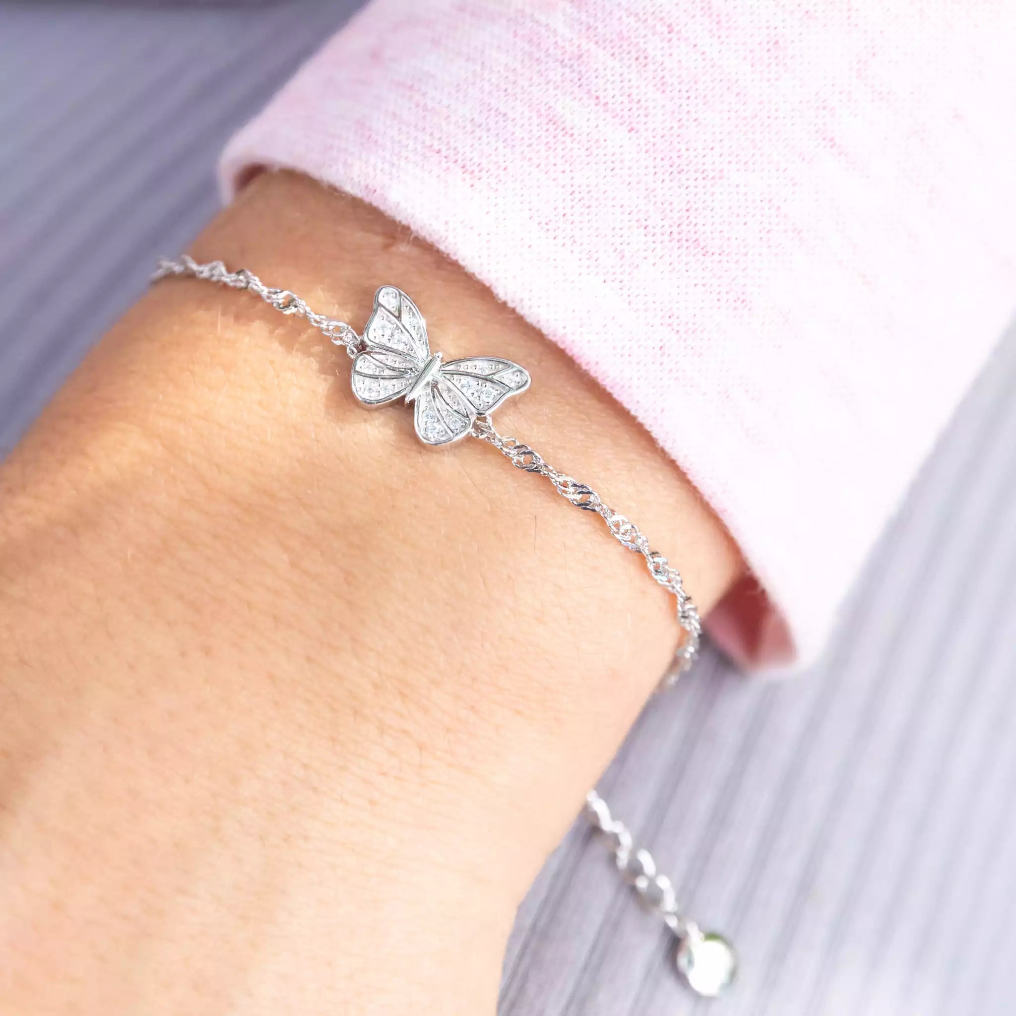 Crystal Pavé Butterfly Bracelet in recycled sterling silver - premium nature-inspired jewelry for meaningful everyday wear