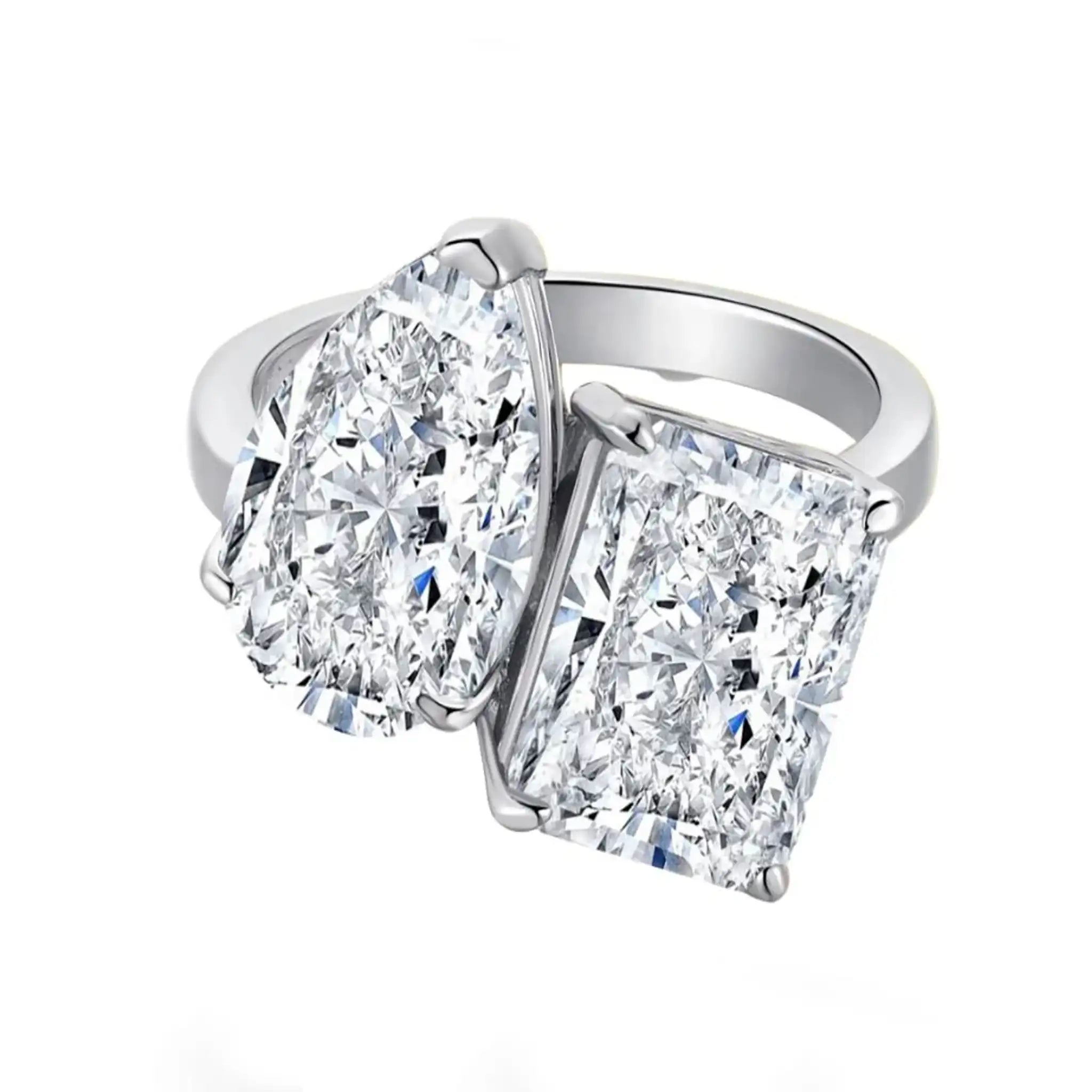 Emerald and Pear Cut White Sapphire 925 Sterling Silver Toi et Moi Ring Simulated Diamonds