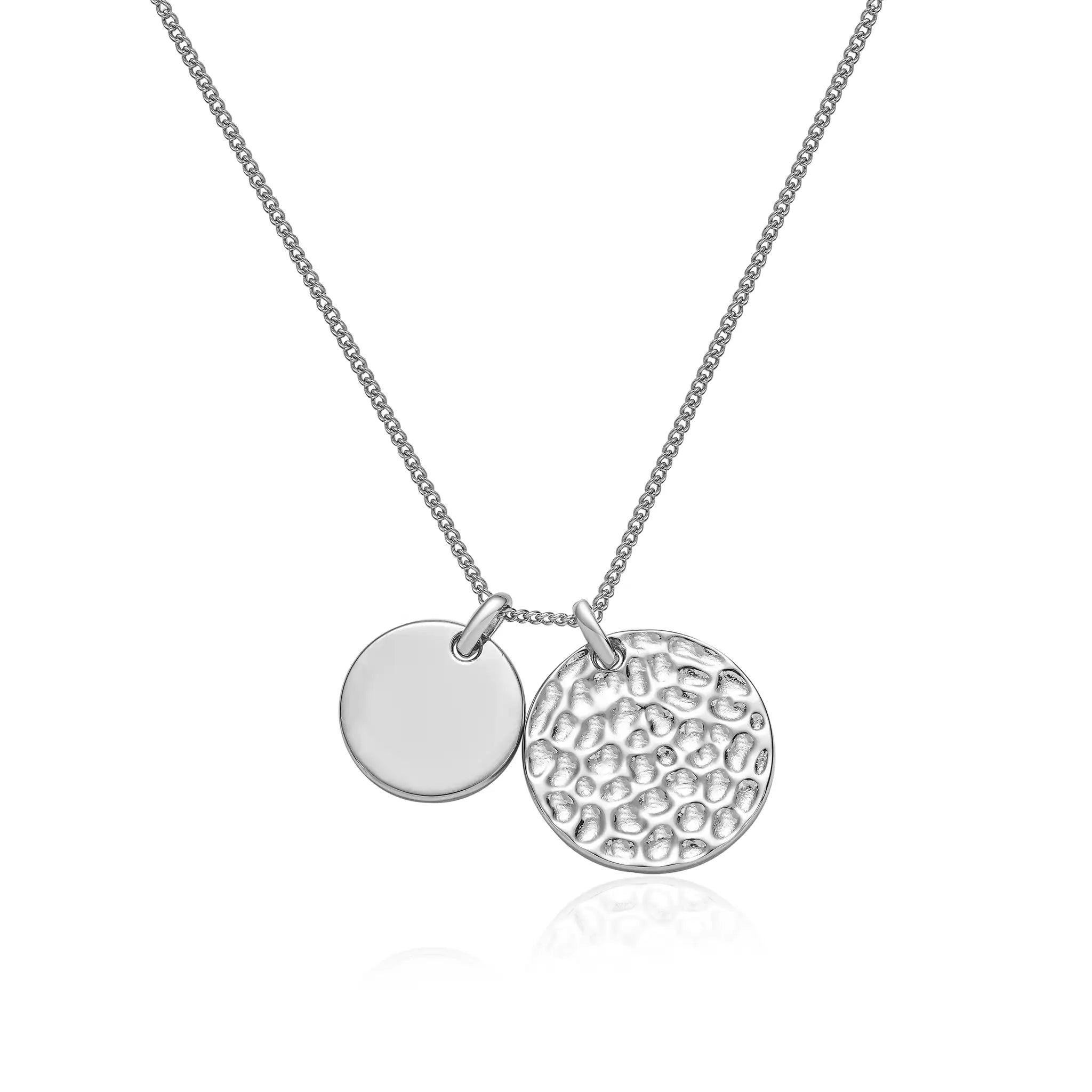 Discover our sustainable Sterling Silver Double Disc Necklace with hammered texture. Personalise with your special message. Recycled silver, expertly crafted. Free UK delivery. Engravable two disc necklace silver Treatfully Jewellery