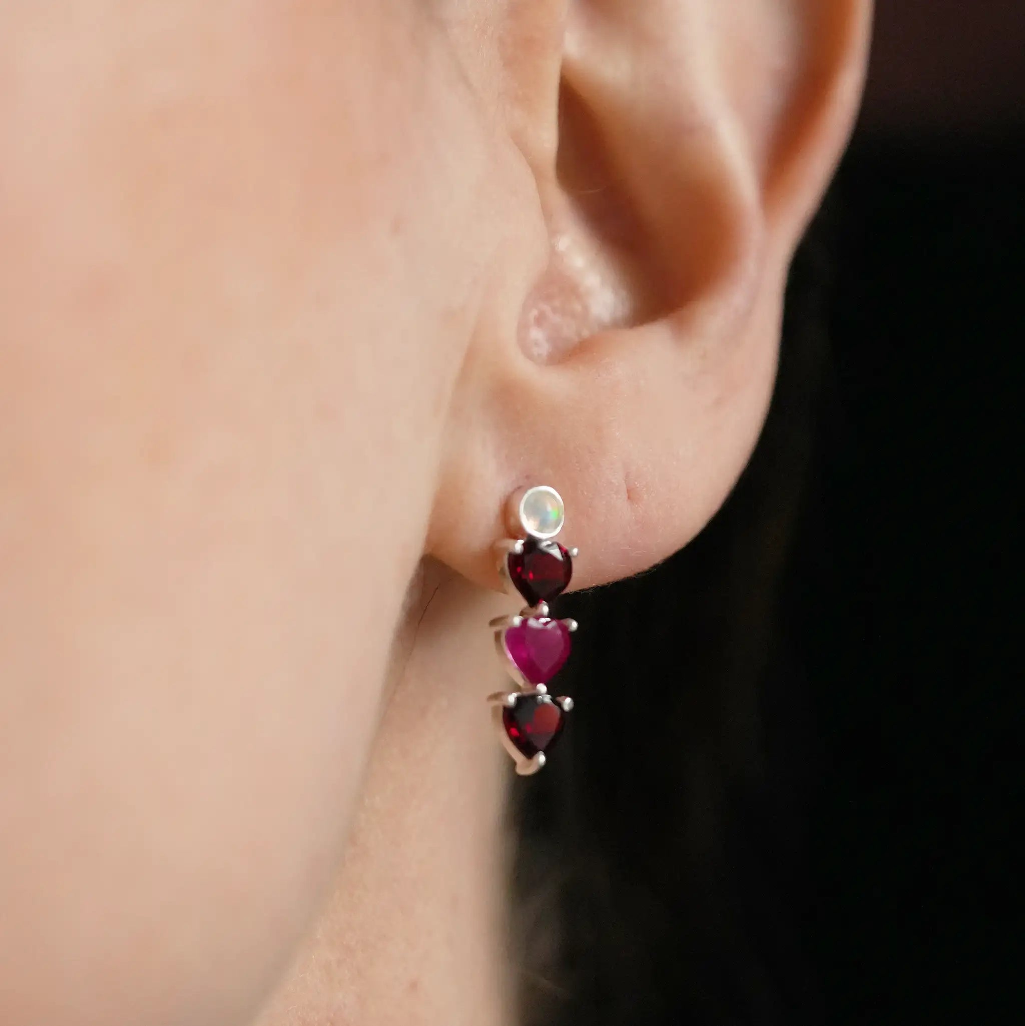 Real Ruby, Garnet & Opal Heart Trilogy Earrings, Silver