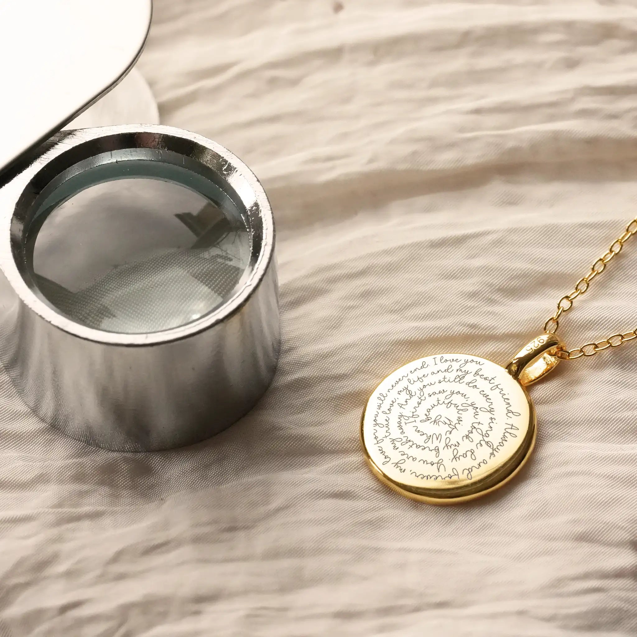 Gold Secret Message Disc Necklace with magnifying glass - sustainable luxury jewelry for wedding vows and hidden messages