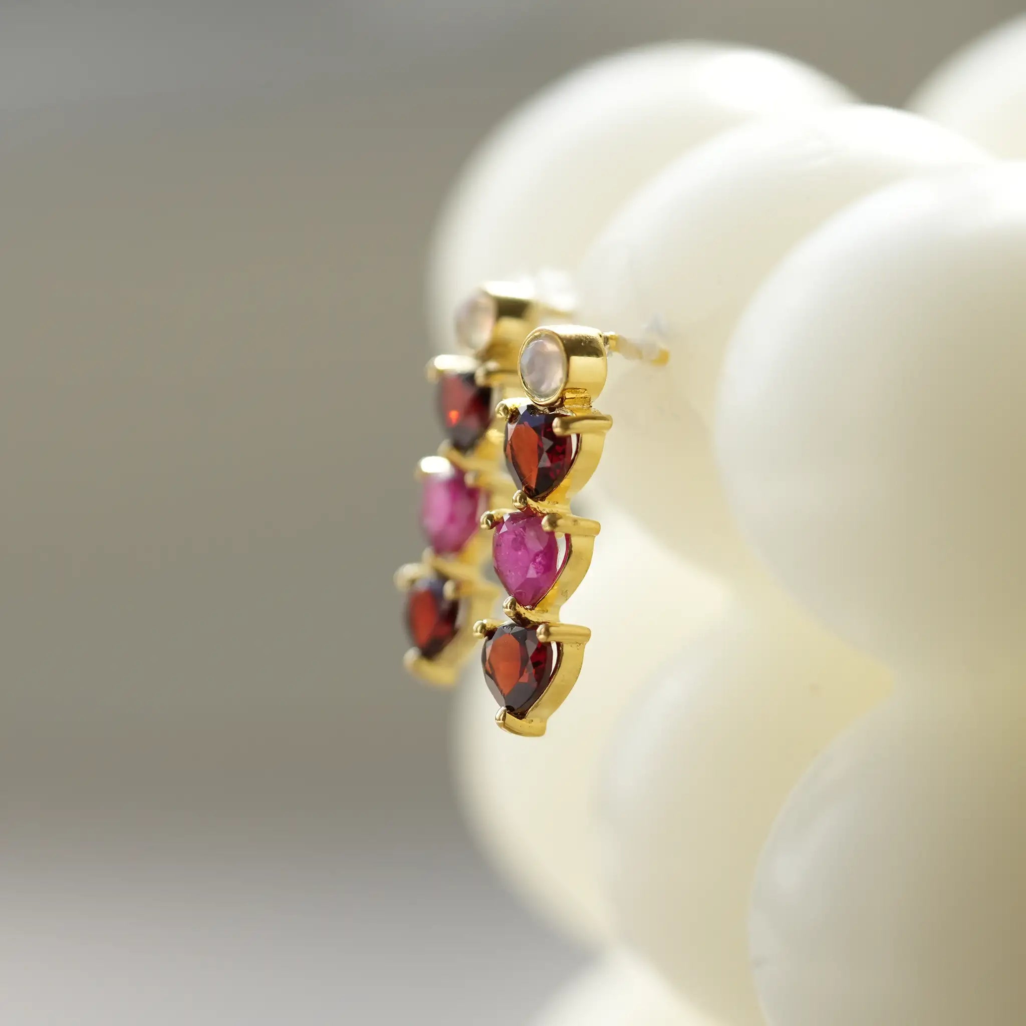 Real Ruby, Garnet & Opal Heart Trilogy Earrings, Gold