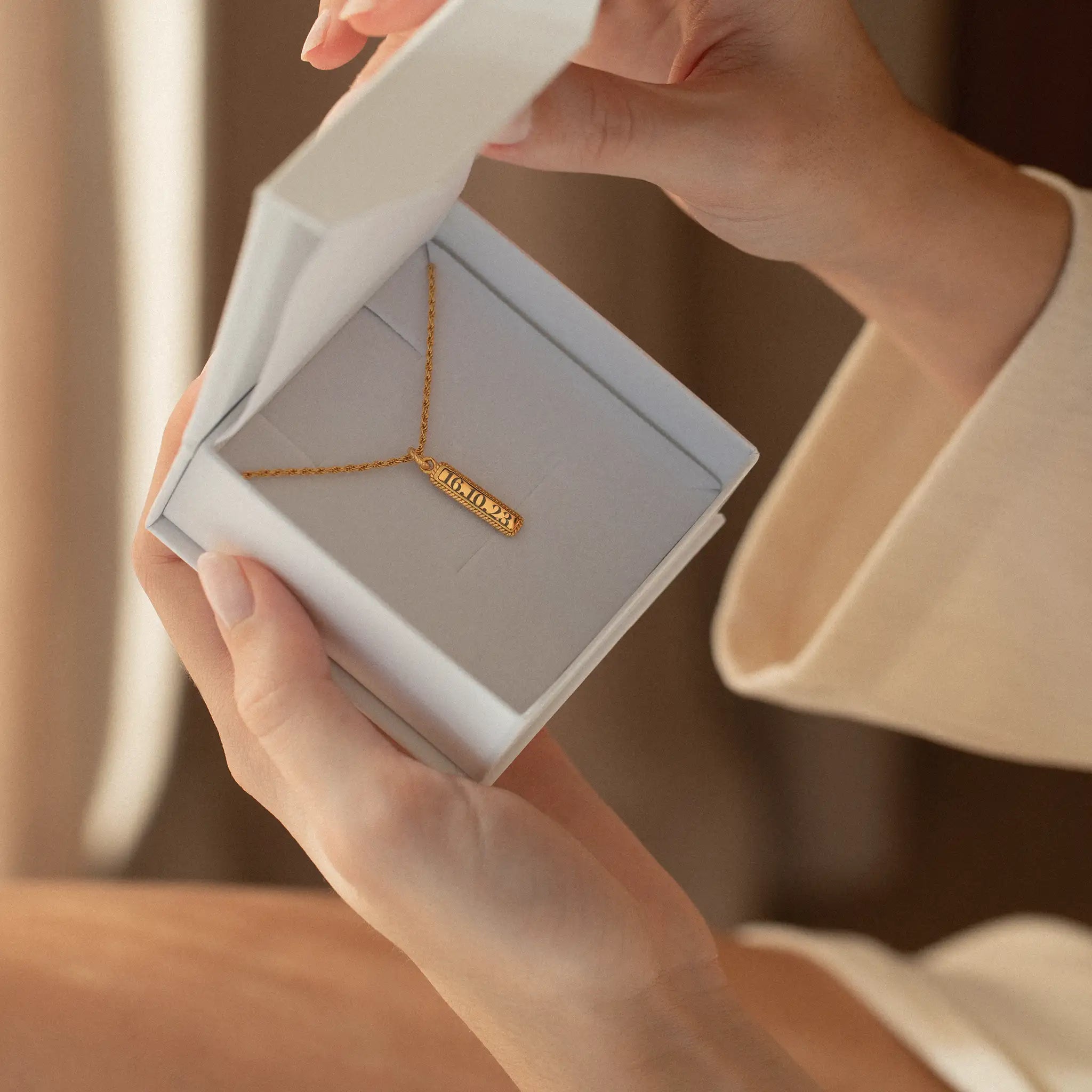 Luxury Name Tag Necklace in 18k gold vermeil - premium gift for her featuring thick rope chain and double-sided personalisation, handcrafted jewellery gifts UK by Treatfully