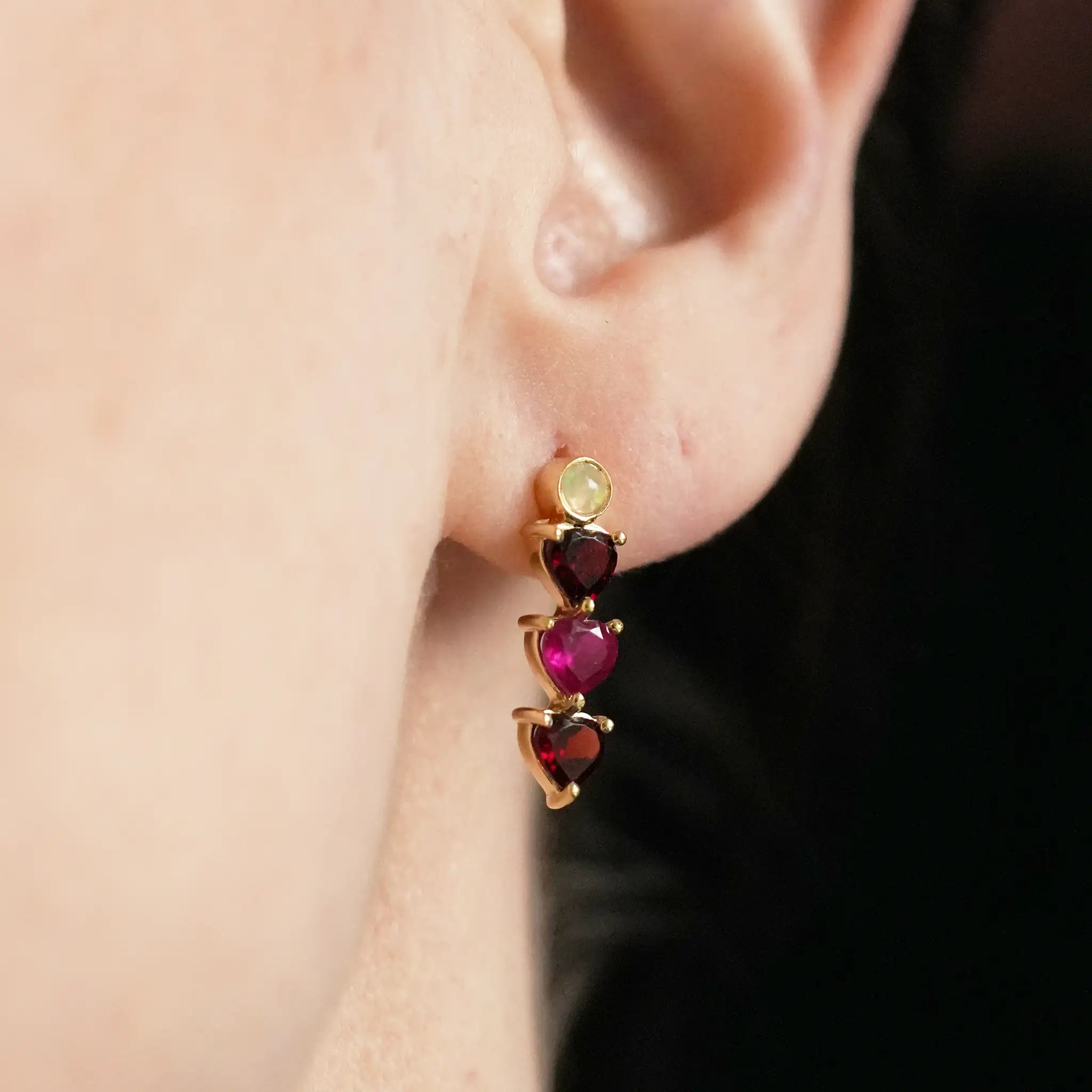 Gold Trilogy Earrings Opal Garnet and Ruby