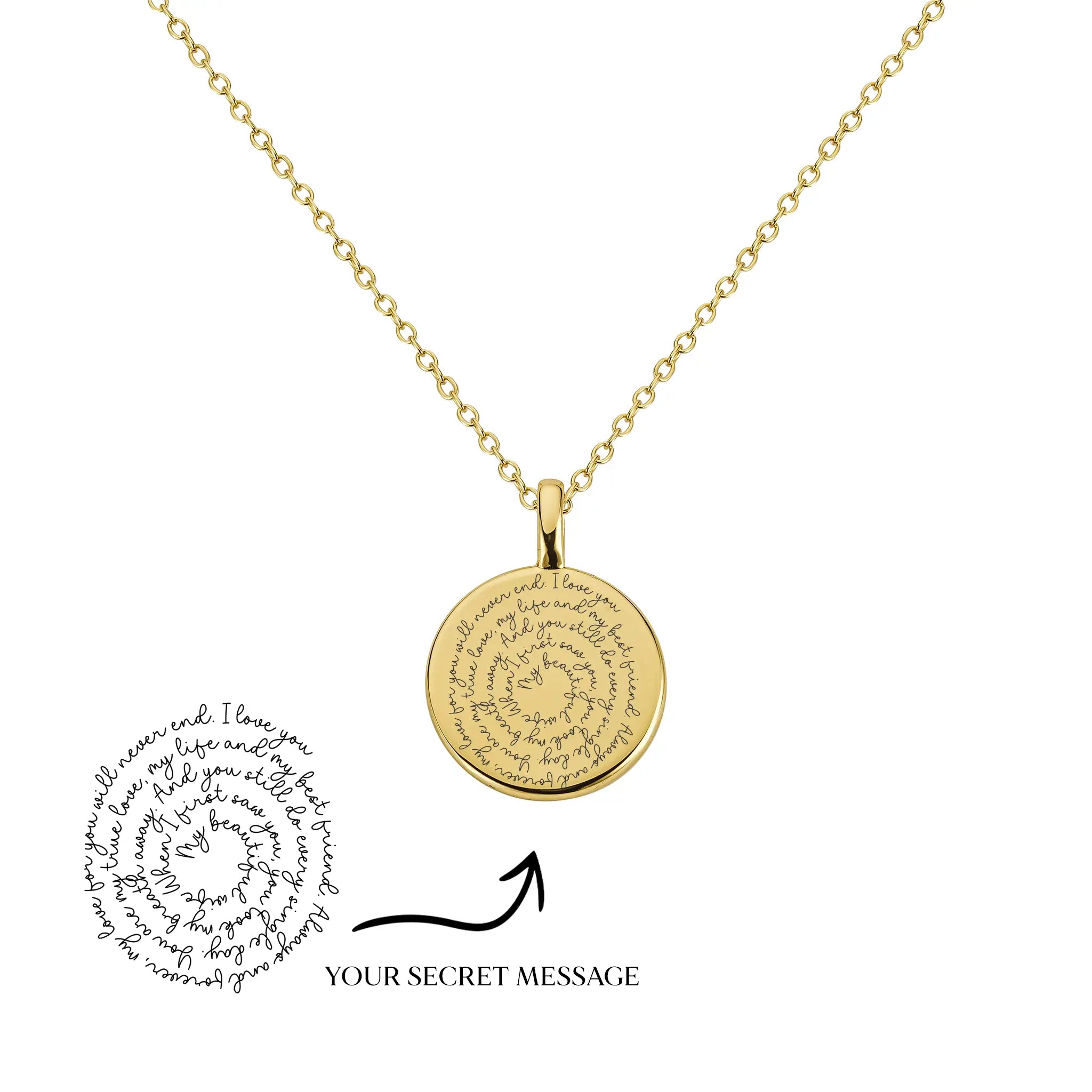 Secret Message Necklace Gold Treatfully Engraved Wedding vow necklace Gold Secret Message Necklace with laser engraving - luxury sustainable jewelry for preserving special words and love notes