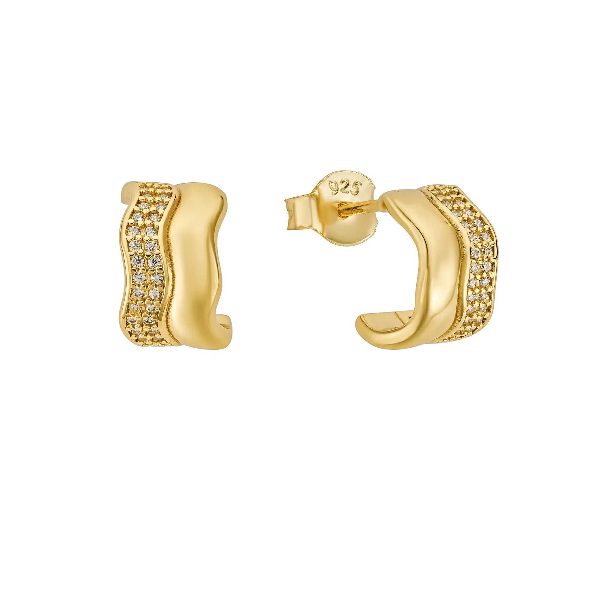 Statement Wave Huggies in 18k gold vermeil featuring sculptural design and sparkling stones - premium everyday luxury earrings by Treatfully