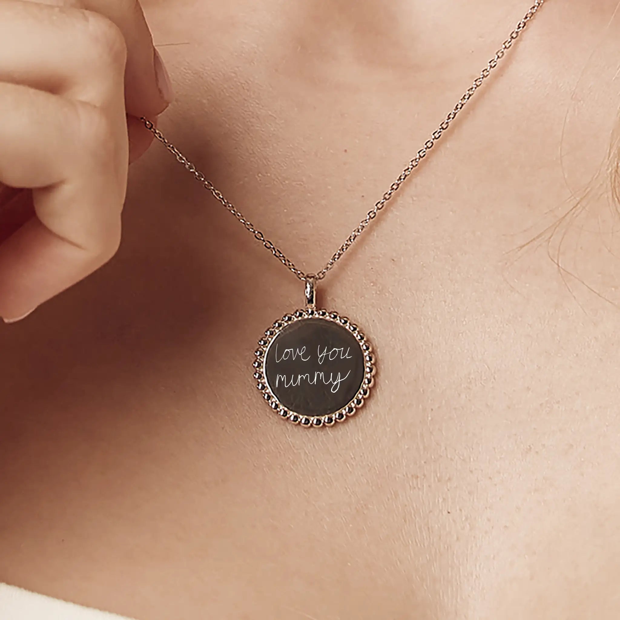 Handcrafted Sterling Silver Disc Necklace with decorative beaded edging, showcasing real handwriting engraving - premium personalised jewellery for preserving love notes, recipes, and children's drawings by Treatfully