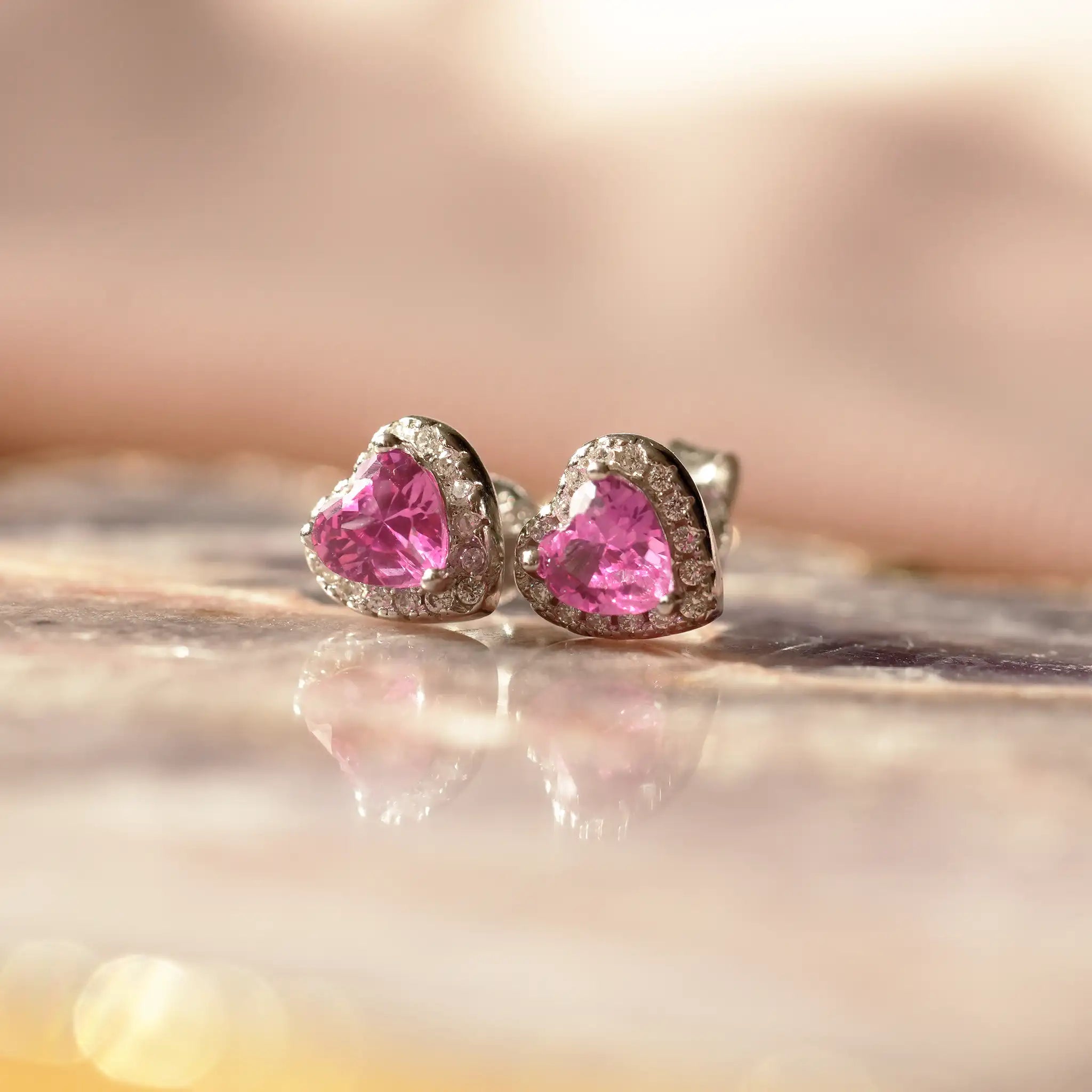 Heart Stud Earrings - Hot Pink, Silver