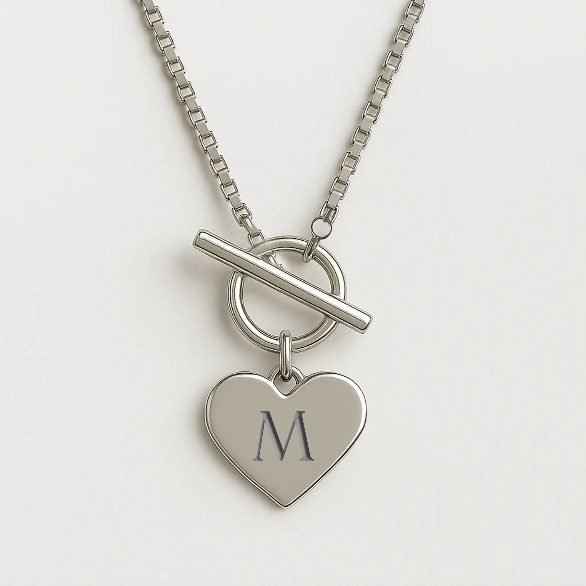 Sterling silver heart t-bar necklace with personalized engraving on a sleek 51cm box chain