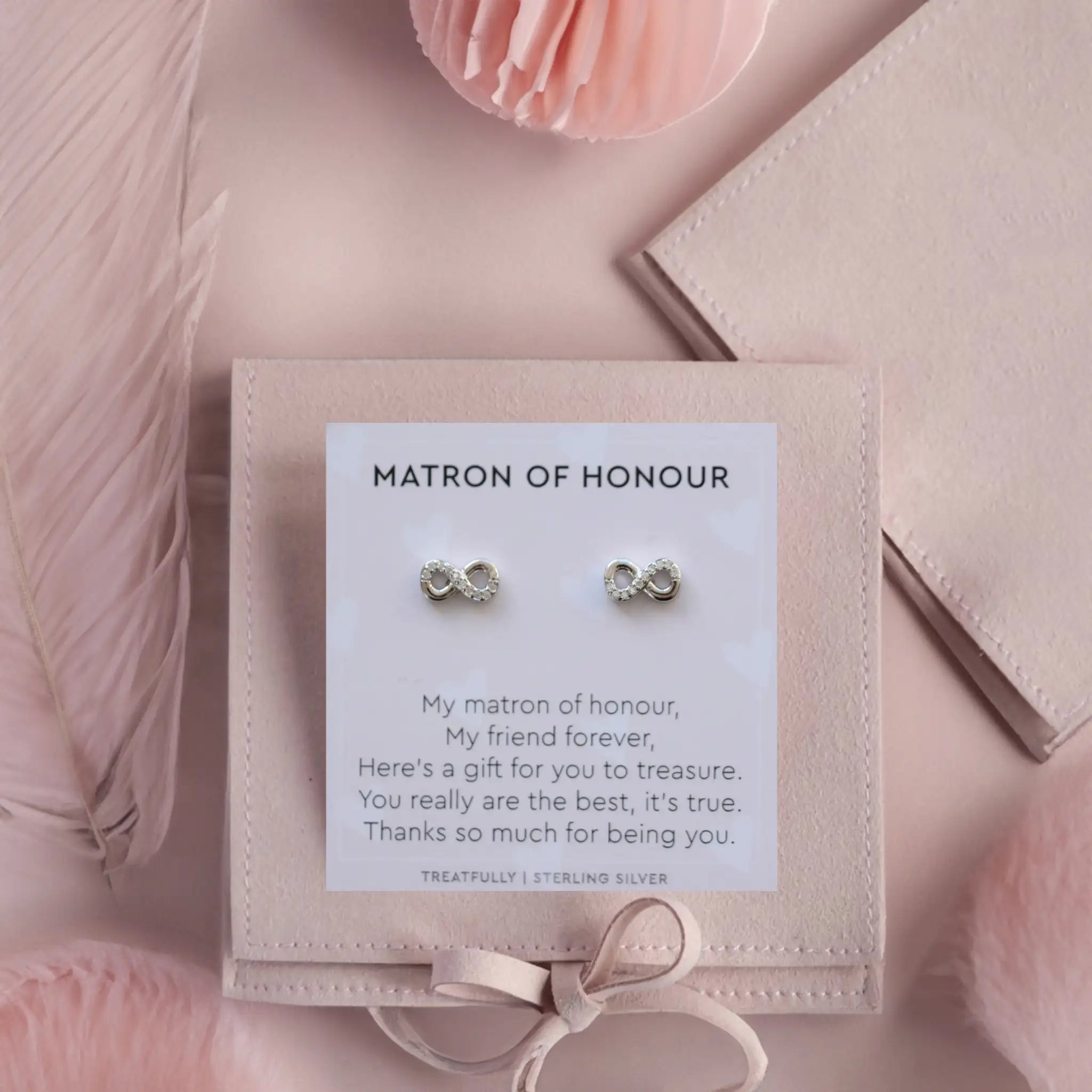 matron of honour jewellery gift matron of honour earrings available in silver infinity, silver love knots, rose gold infinty, tiny hearts and pearls