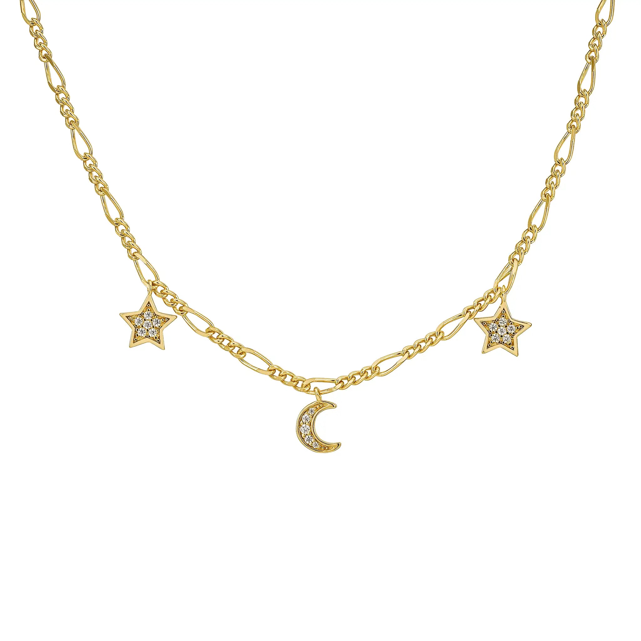Luxury Gold Vermeil Luna Necklace with moon and star charms on premium Figaro chain - celestial jewelry crafted from sustainable materials