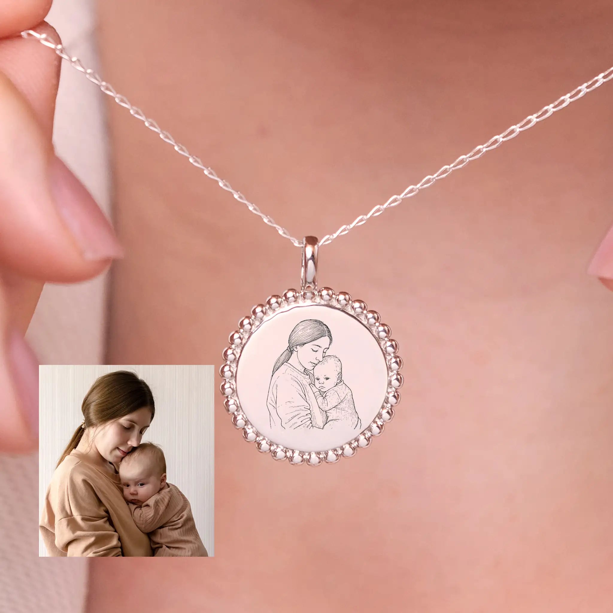 Engraved Photo Necklace · Photograph Illustration Pendant · Sterling Silver
