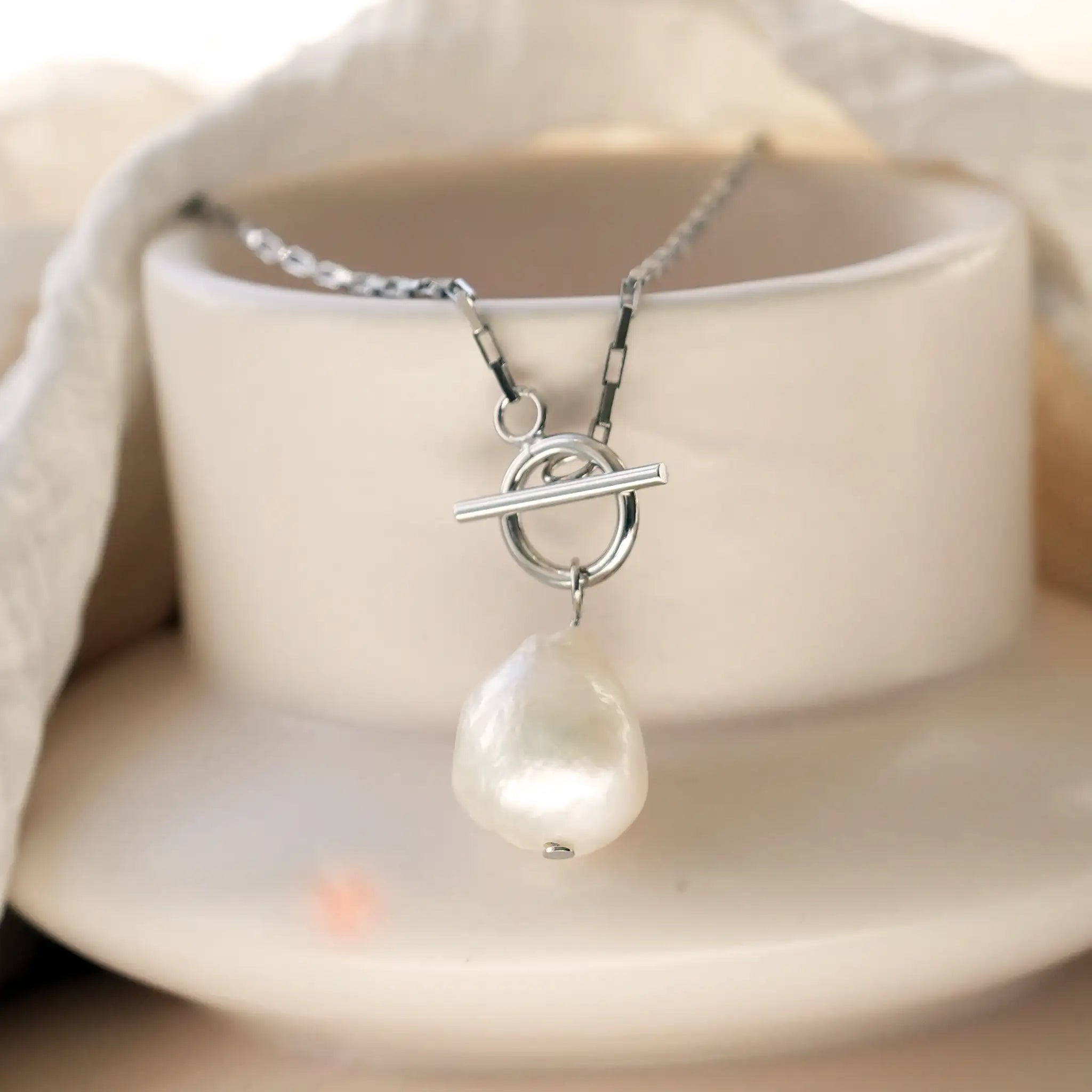 Sterling Silver Baroque Pearl T-Bar Necklace featuring genuine freshwater pearl on premium box chain - luxury sustainable jewelry by Treatfully