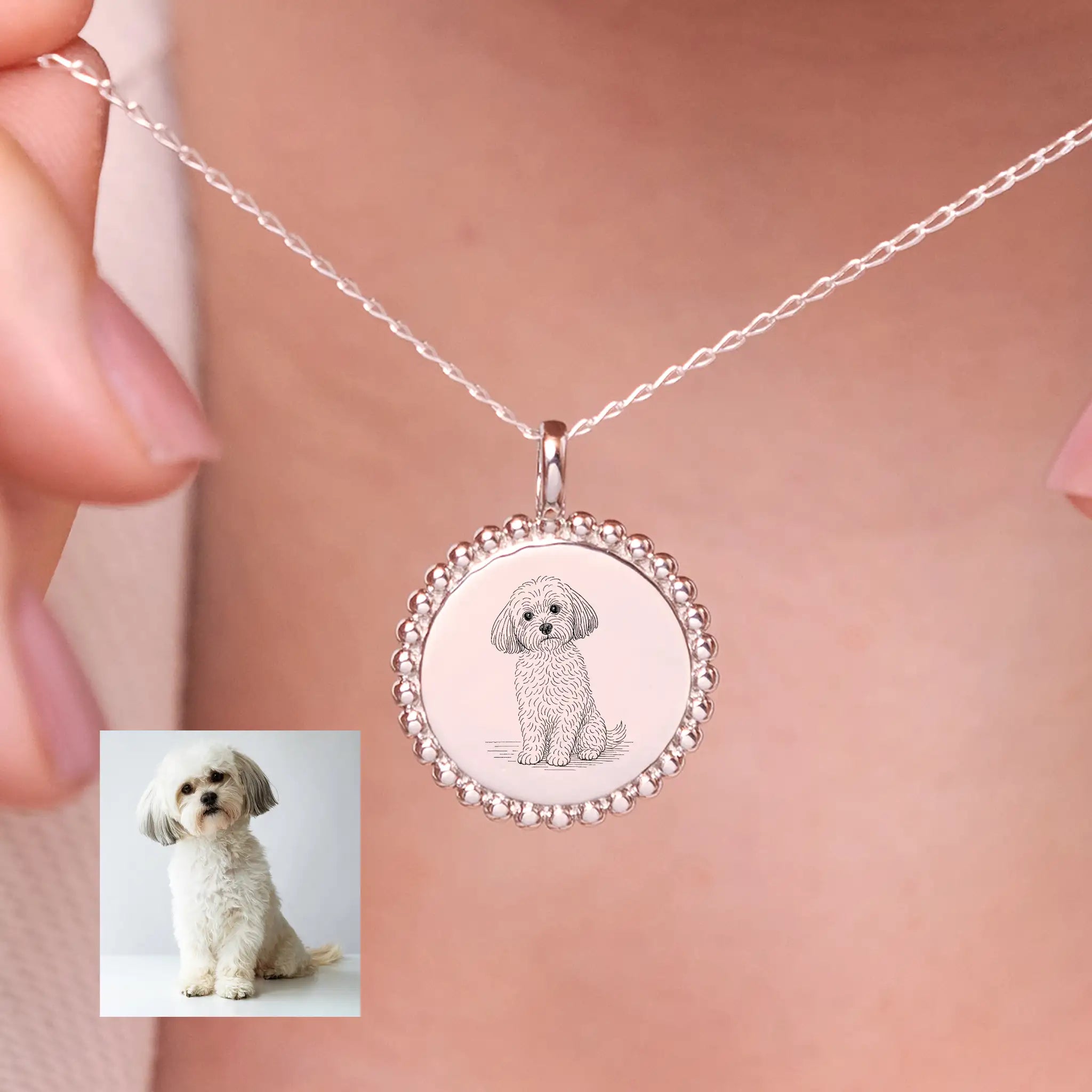 Engraved Photo Necklace · Pet Portrait Pendant · Sterling Silver