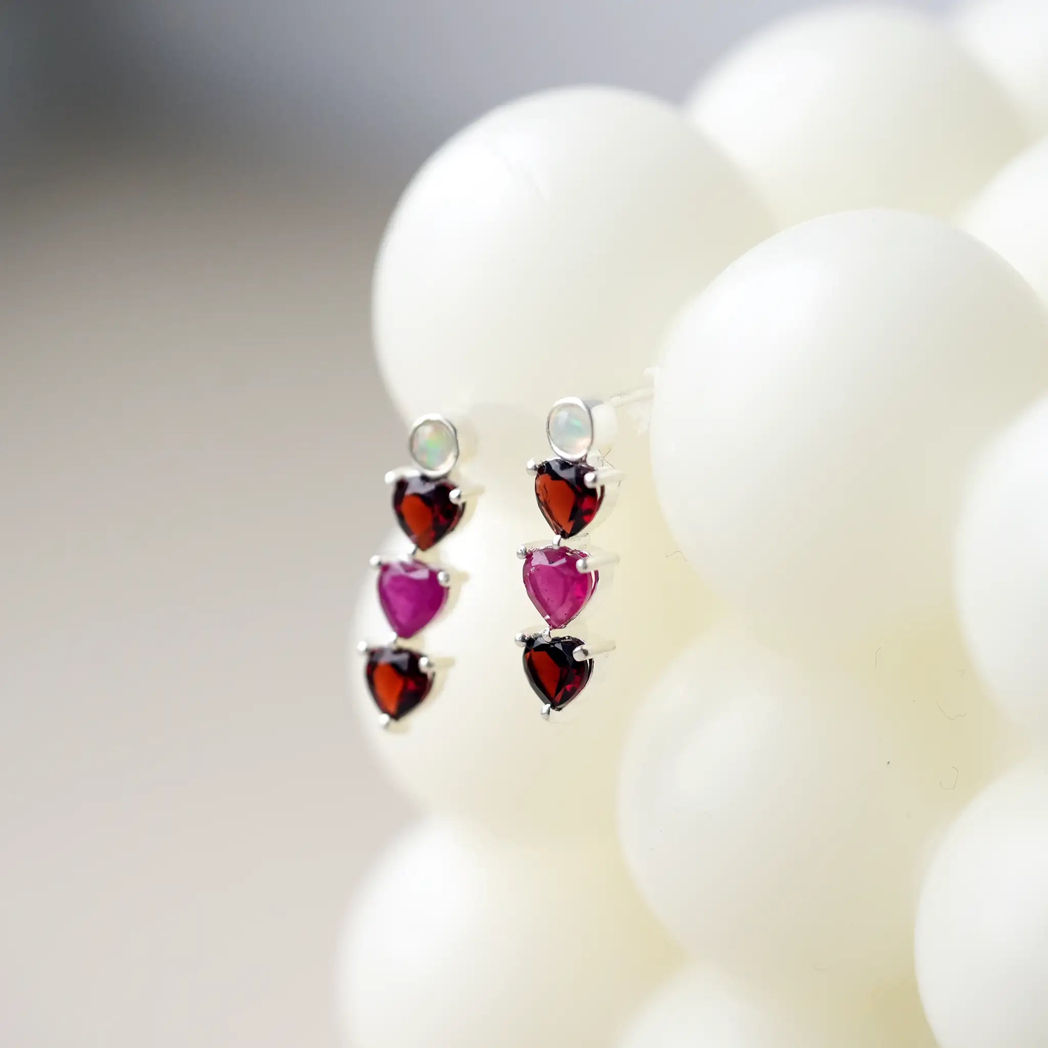 Real Ruby, Garnet & Opal Heart Trilogy Earrings, Silver