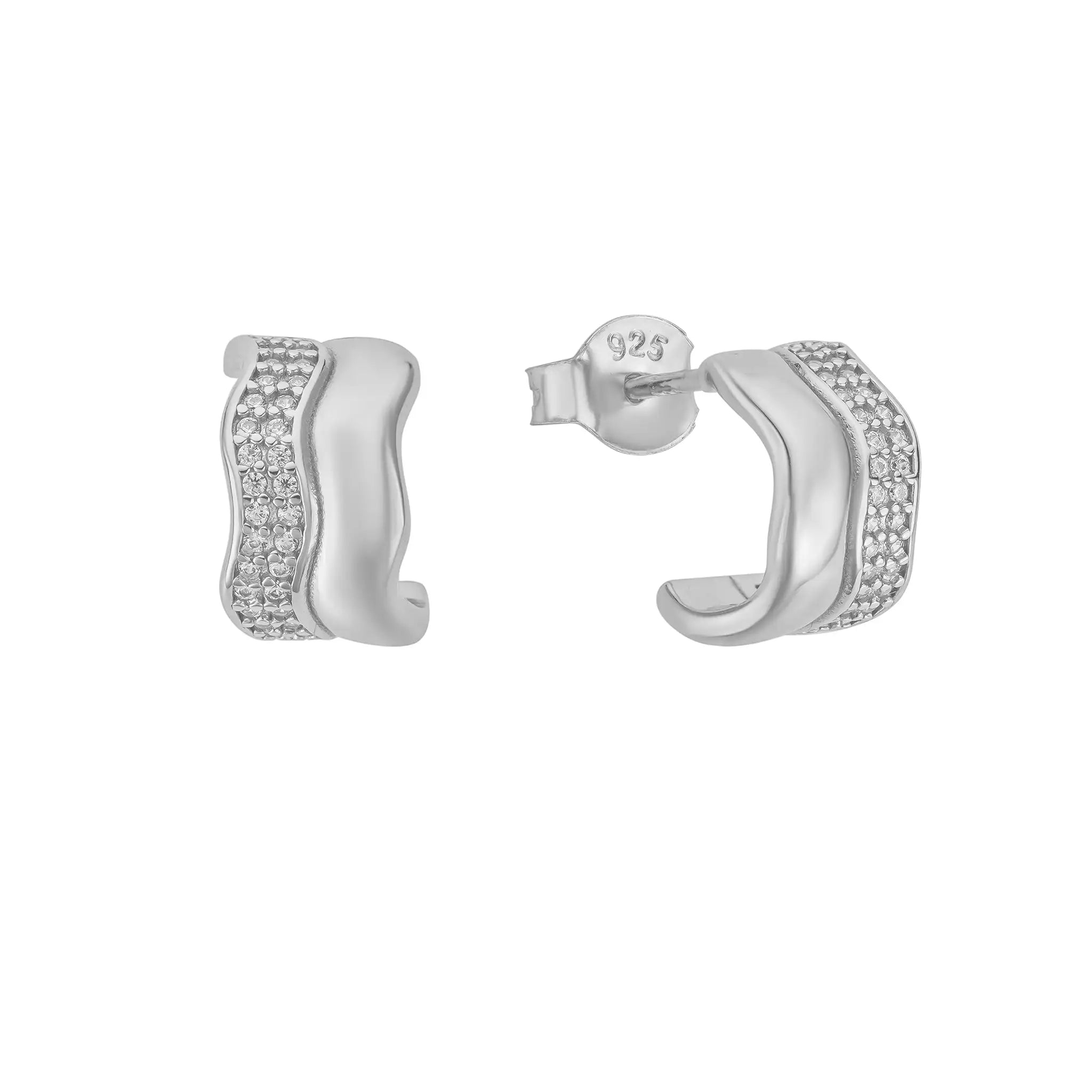 Sterling Silver Wave Huggie Earrings with cubic zirconia - perfect ear stack essential featuring sculptural wave design, luxury stacking earrings for creating your signature look by Treatfully