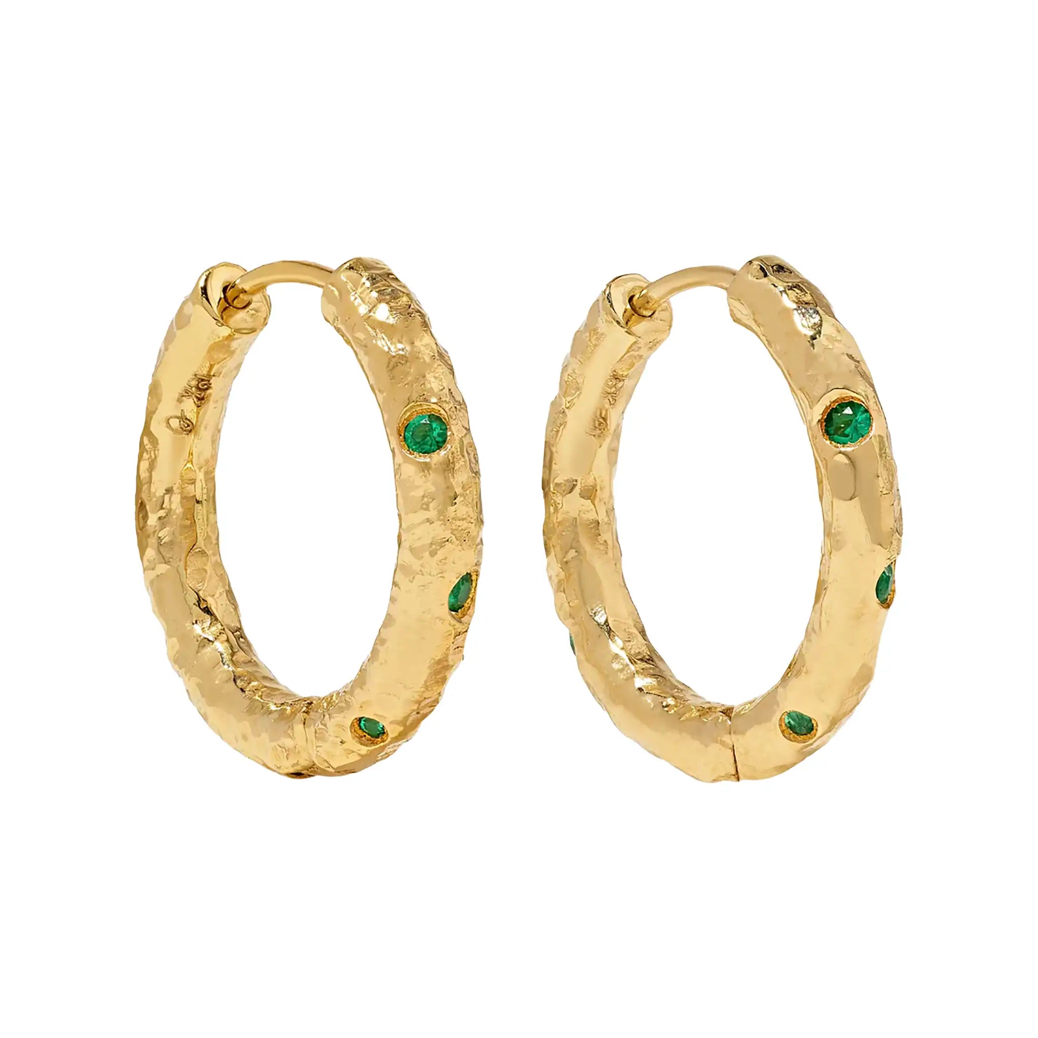 Textured gem hoop earrings, sterling silver and gold plated everyday jewelry with green stones