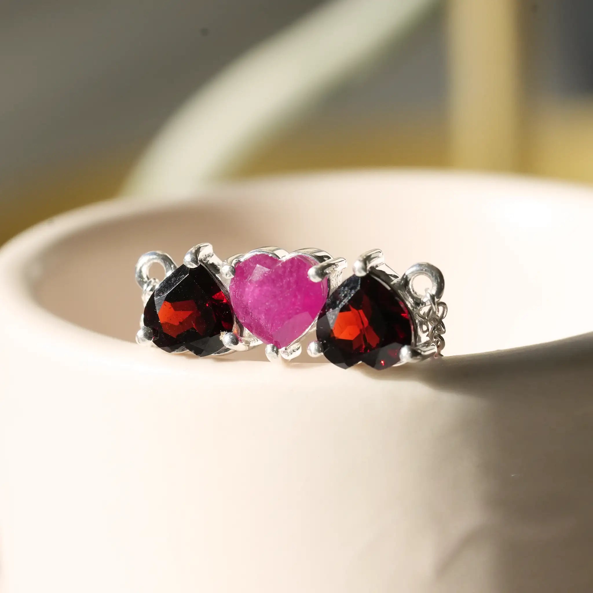 real gemstone heart necklace trilogy ruby and garnet