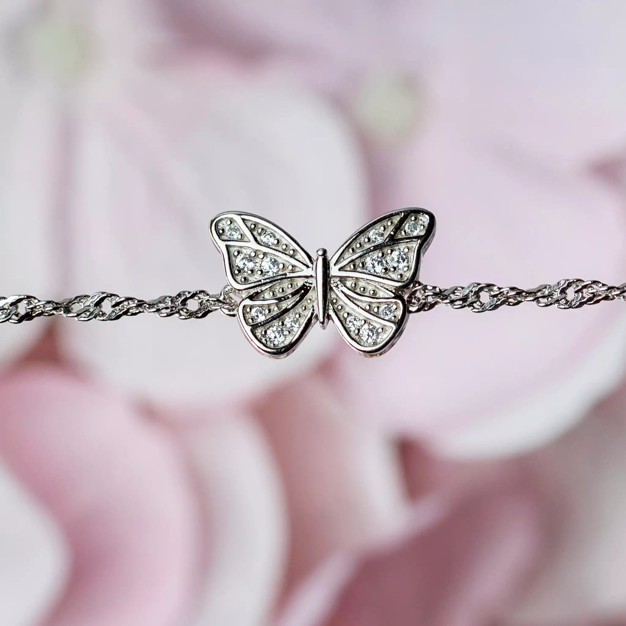Sparkling Butterfly Bracelet showing intricate crystal detail and adjustable chain - sustainable sterling silver jewelry with meaning