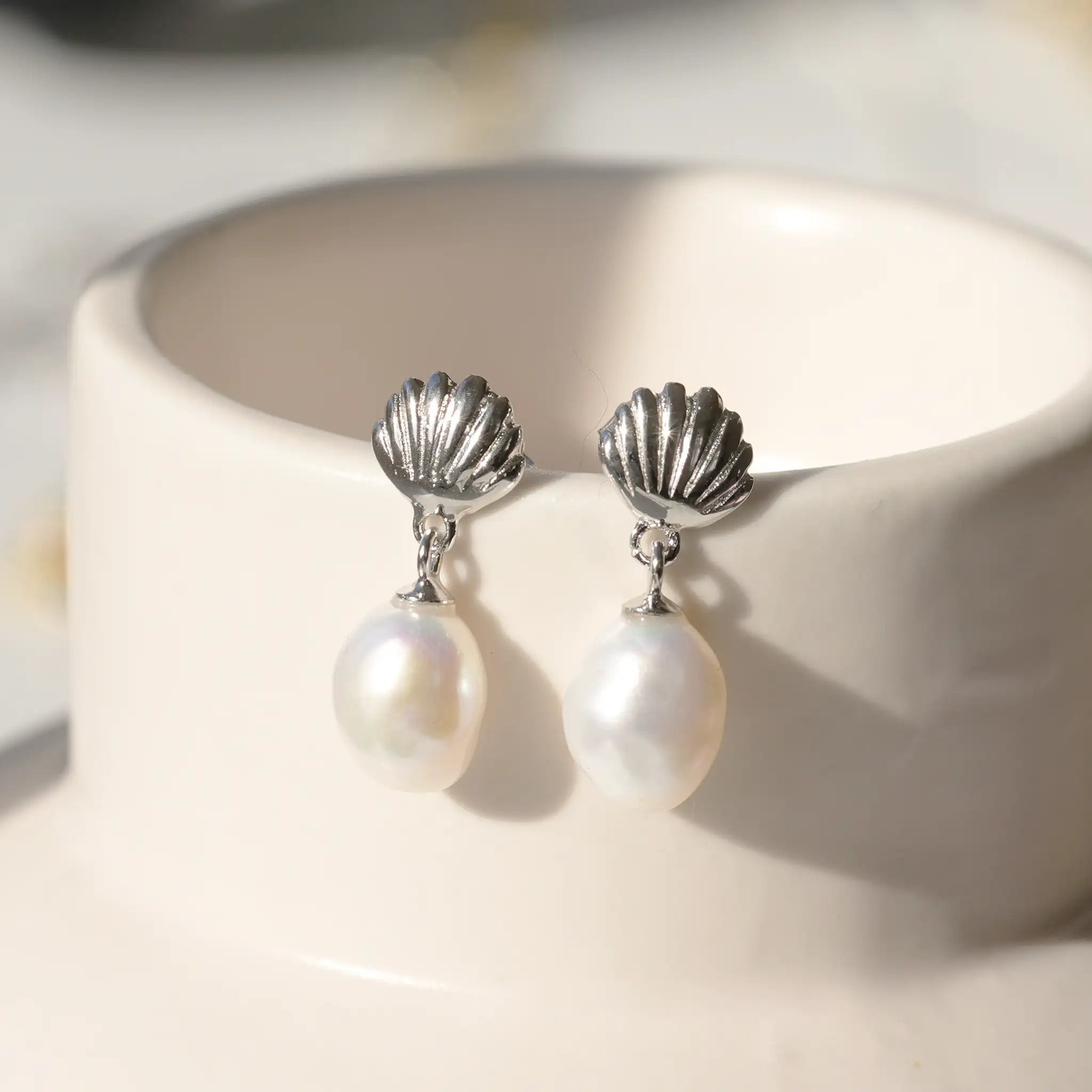 baroque shell pearl earrings real pearls hanging from sterling silver shells with an earring post mermaidcore gifts