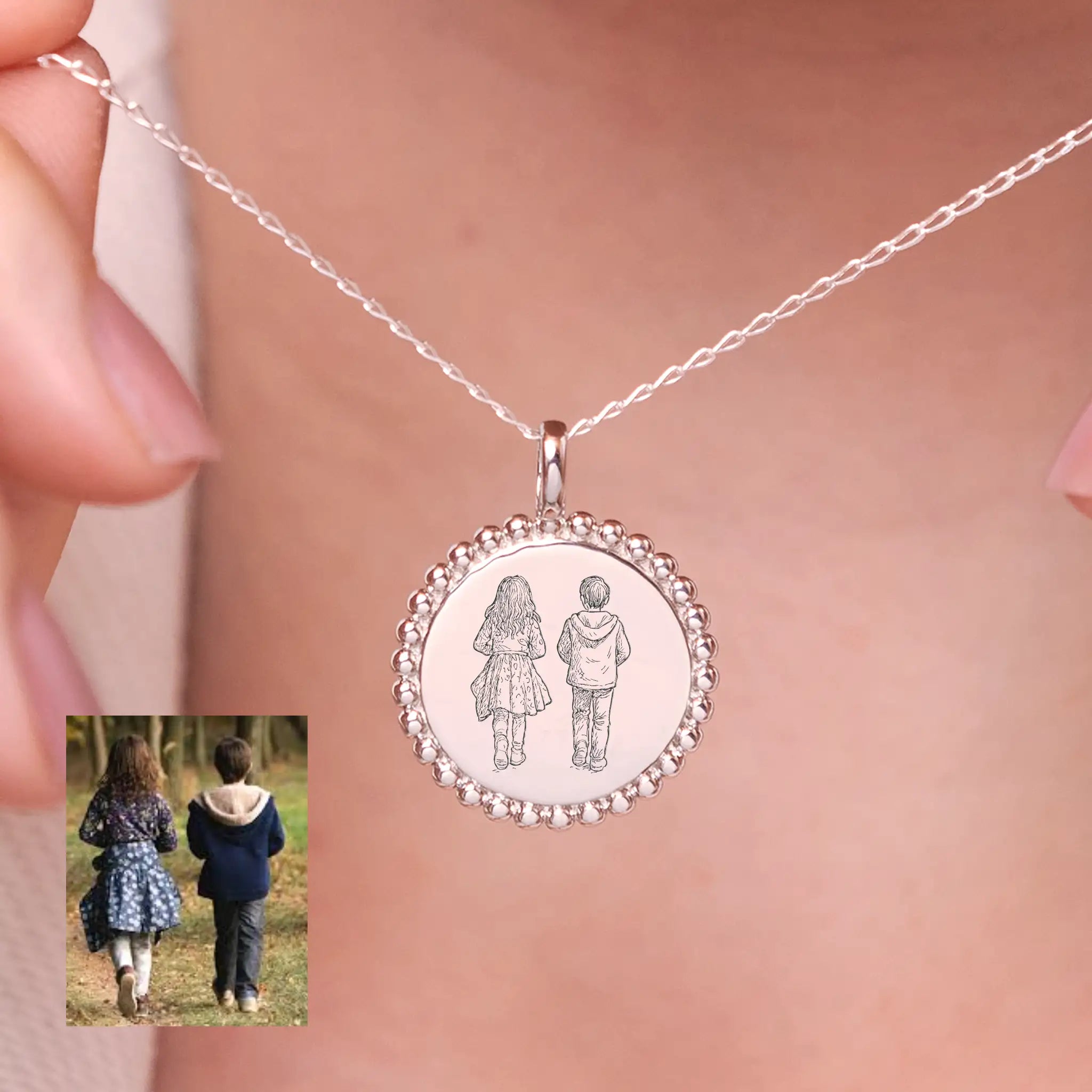 Sterling silver engraved photo necklace featuring 2cm illustration pendant with custom laser engraving on recycled silver disc