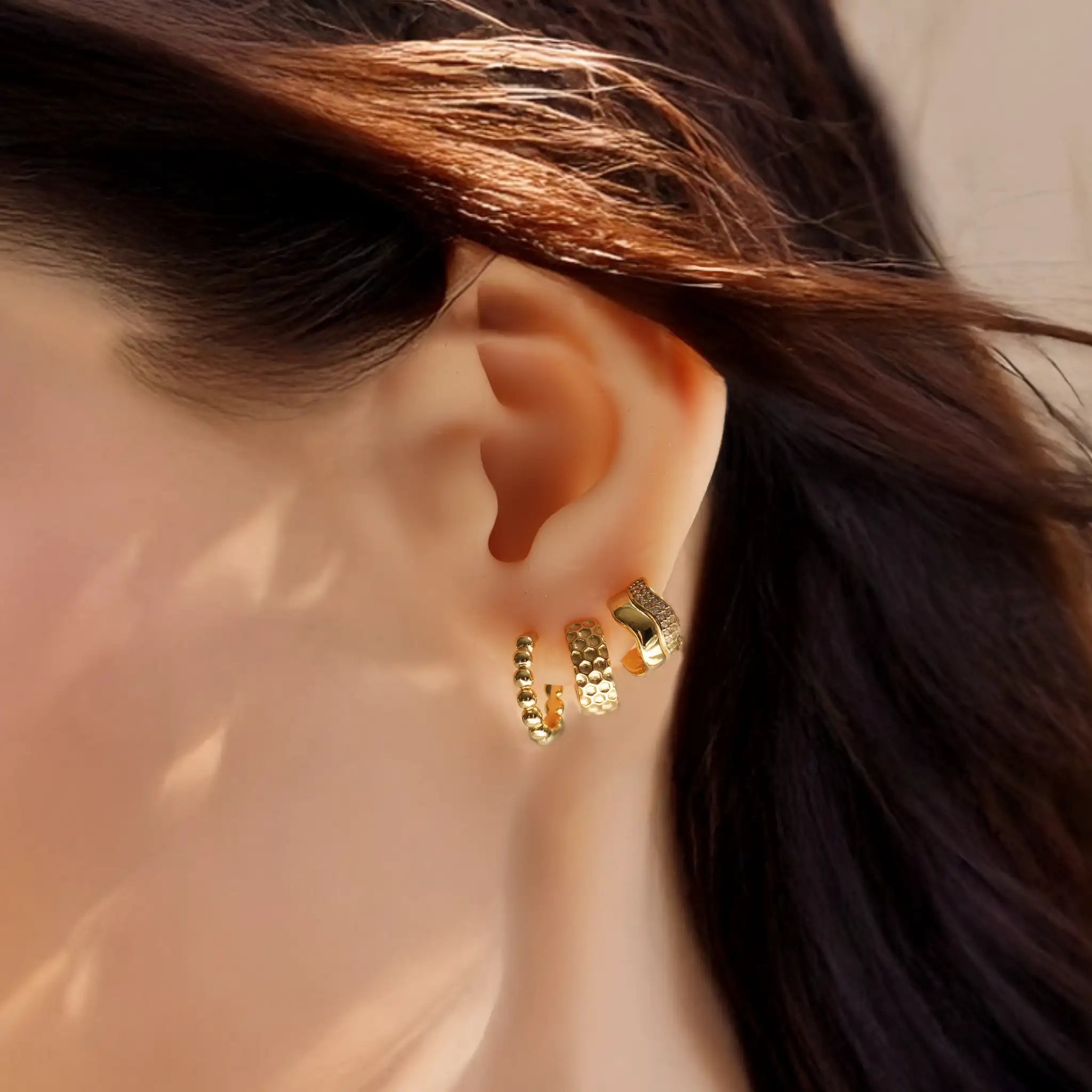 Three piece earring gift set, gold plated sterling silver huggie hoops, luxury ear stack collection with gift packaging, Treatfully earrings