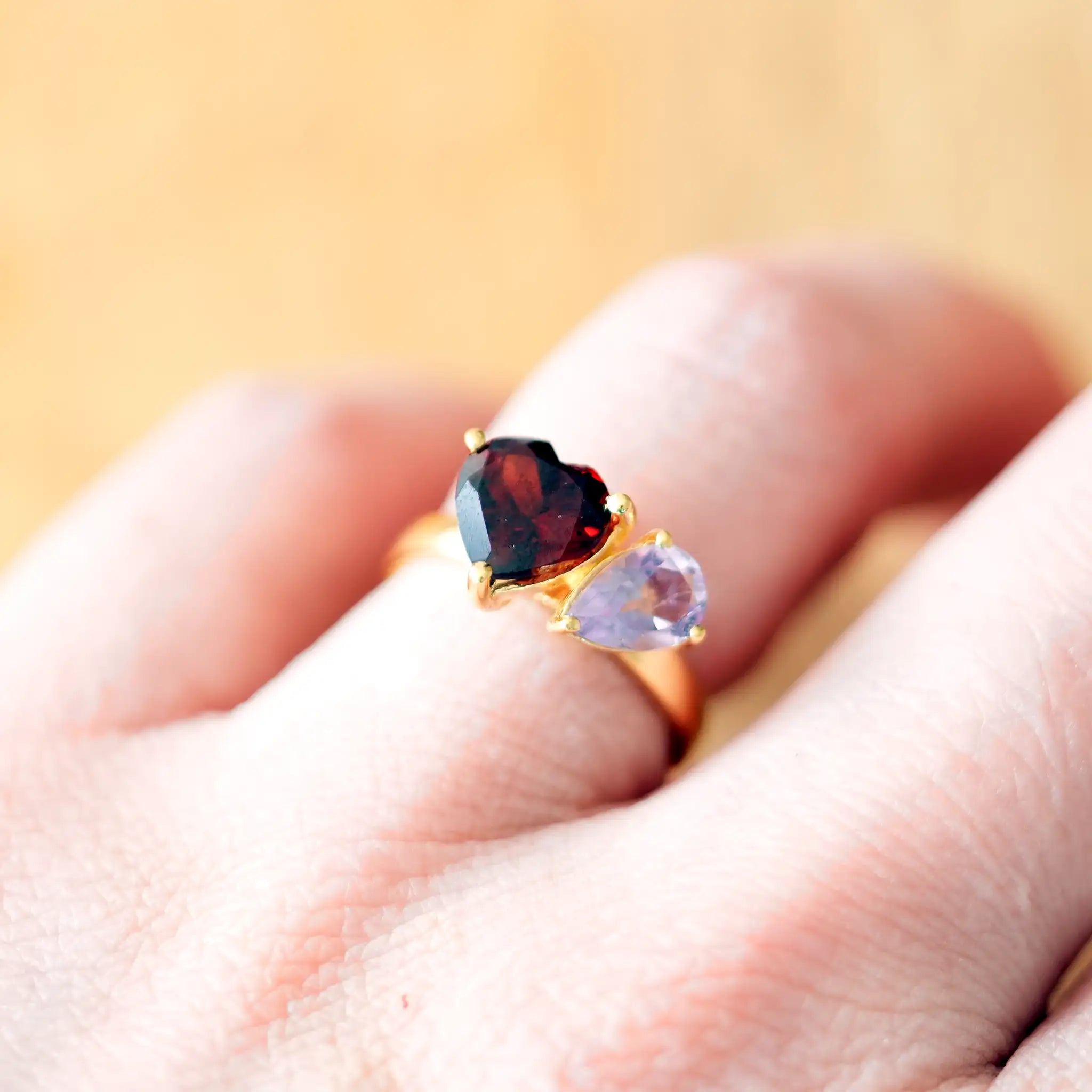 Real Gemstone Ring Gold Toi Et Mois Ring Garnet and Amethyst