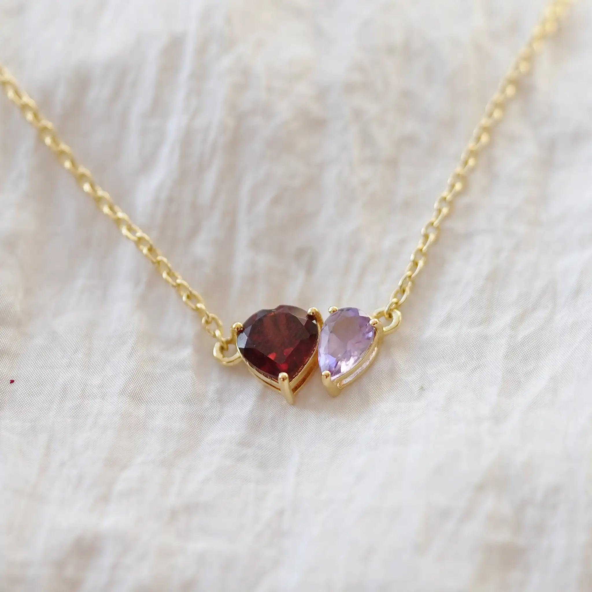 Real Gemstone Toi Et Moi Necklace - Garnet & Amethyst, Gold