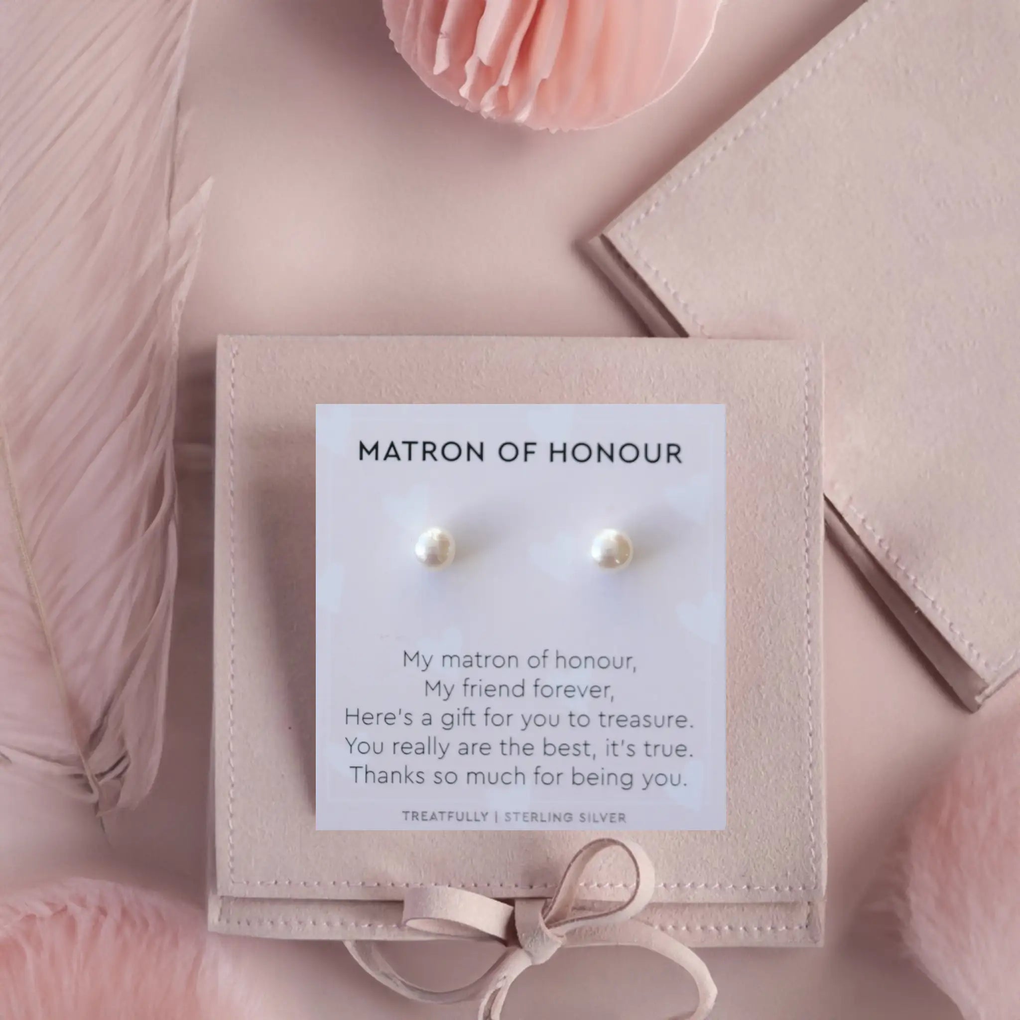 matron of honour pearl earrings on a poem card