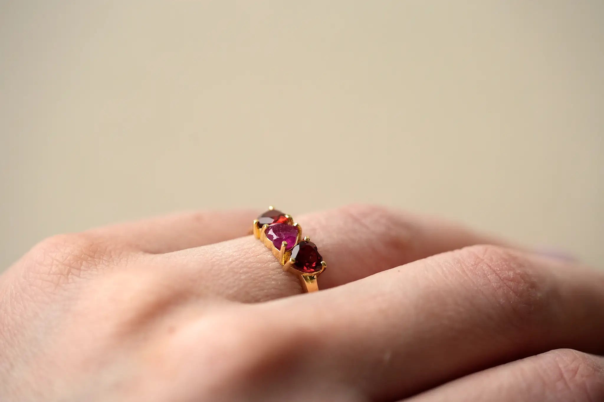 Real Garnet and Ruby Trilogy Ring Gold Wearing View