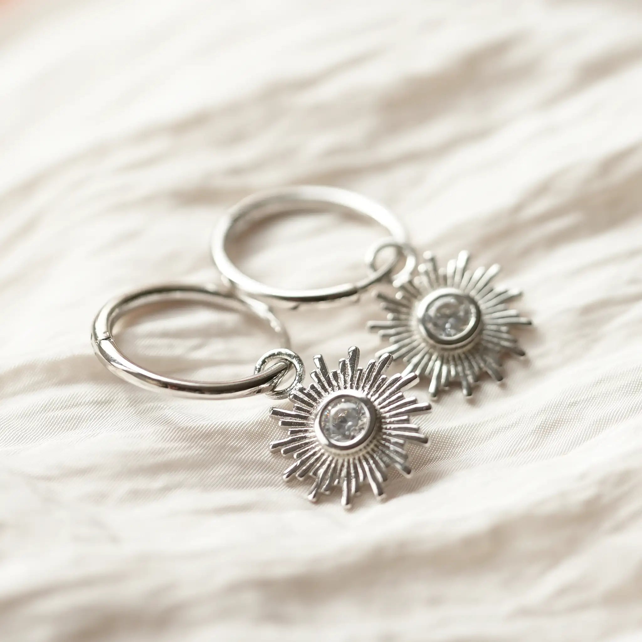 Silver Sun Hoop Charm Huggie Earrings