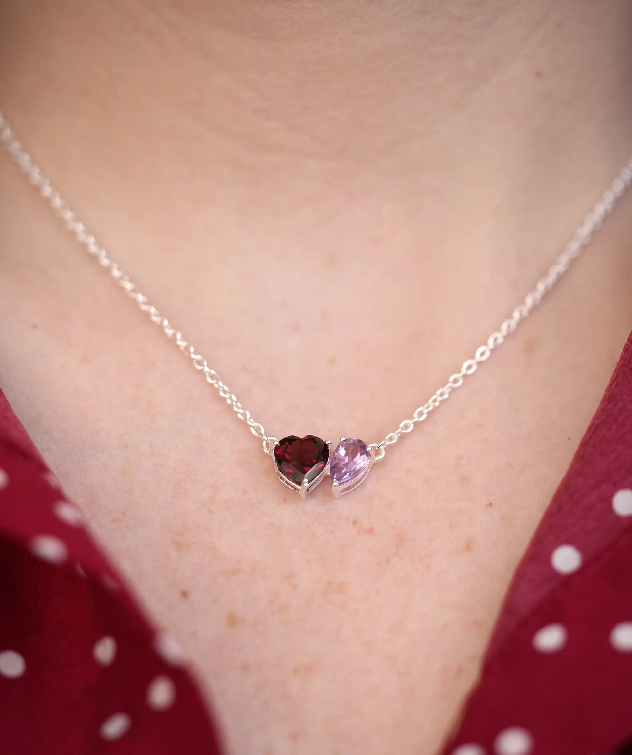 Silver Toi Et Mois Gemstone Necklace Ruby Amethyst