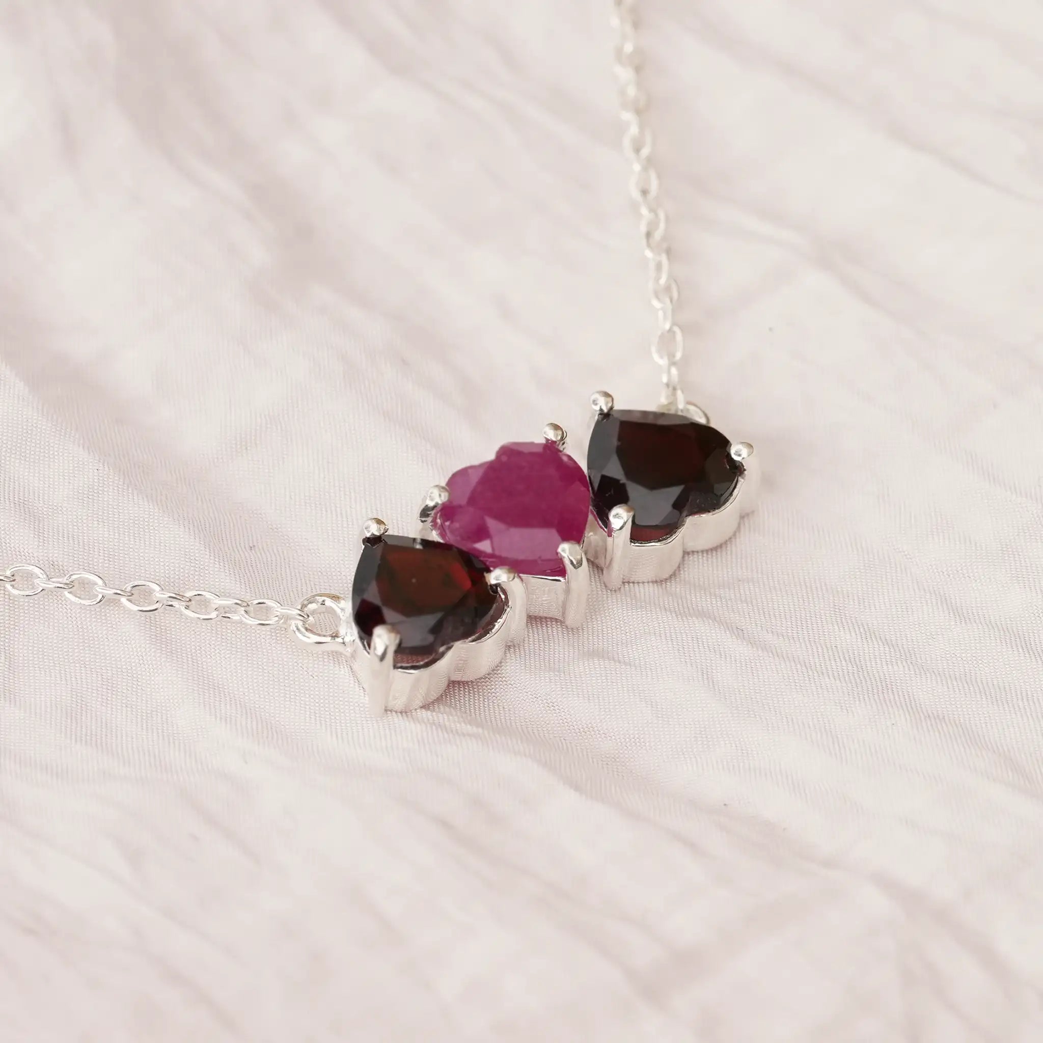 ruby and garnet gemstone necklace hearts sterling silver